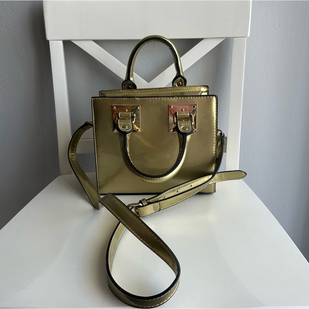 Vintage Faux Leather Patent Small Satchel Handbag w/ Crossbody Strap in Gold